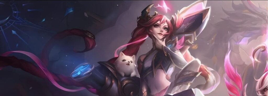 LoL character with long pink hair and cute dog