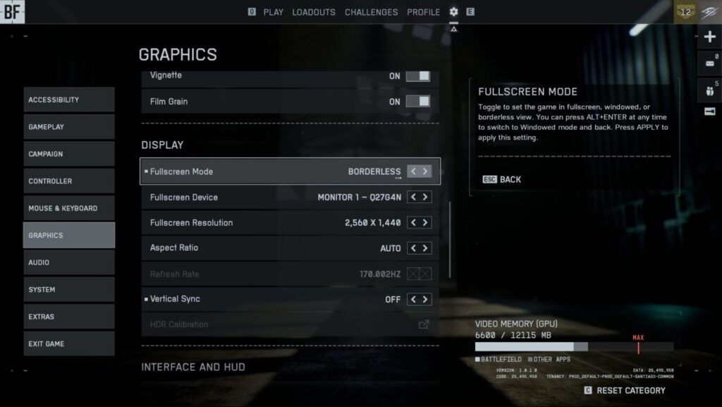 Battlefield 6 menu displaying graphics options