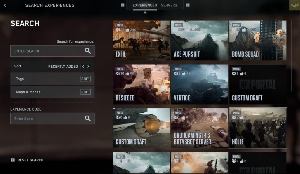 Battlefield 6 game interface displaying a grid of game modes, including "Exfil," "Ace Pursuit," and "Bomb Squad"