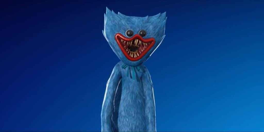 The Huggy Wuggy character from Fortnite inspired by Poppy Playtime, showing his wide mouth with sharp teeth