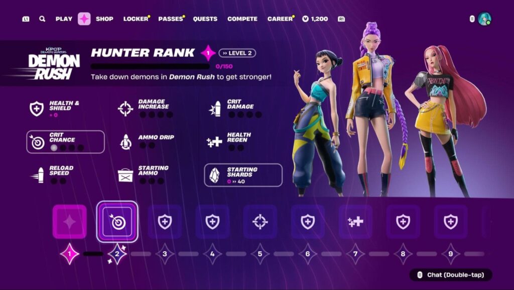 Fortnite Demon Rush Hunter Range Progression Schermata con personaggi di cacciatori di cacciatori di demoni