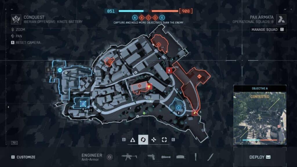 Conquest mode interface showing the Iberian Offensive: King’s Battery map in Battlefield 6
