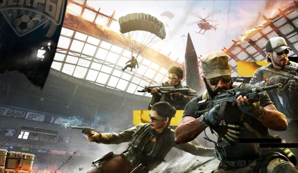 Soldiers engage in a firefight inside a burning stadium in Call of Duty: Black Ops 7