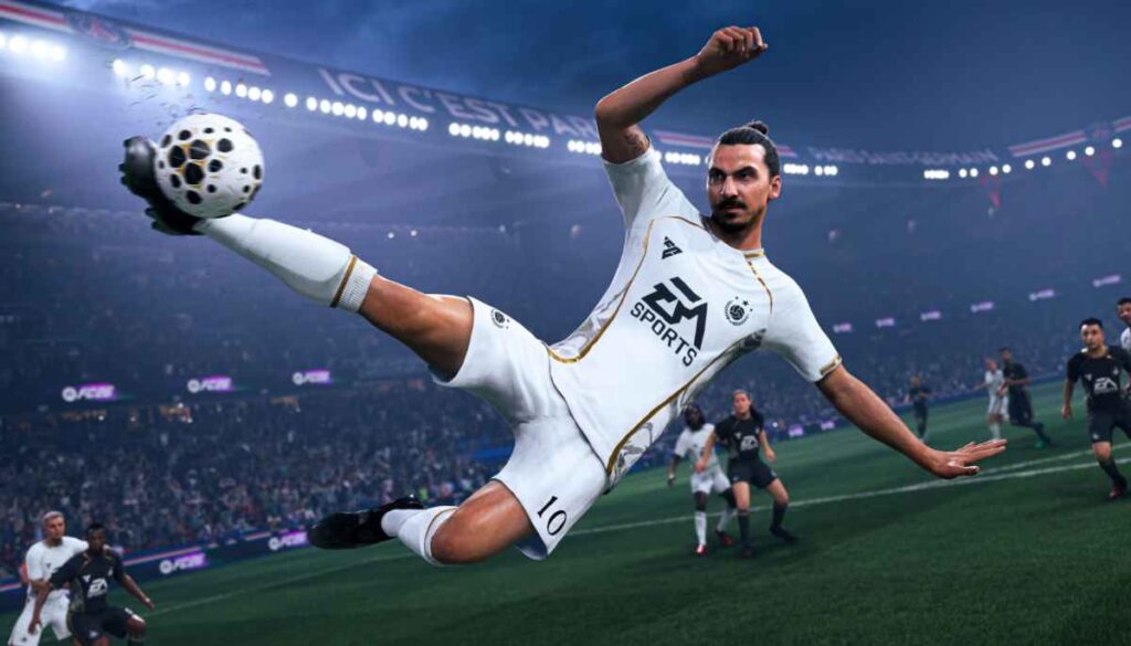 EA Sports FC 26 gameplay featuring realistic football action with Zlatan Ibrahimovic scoring a goal.