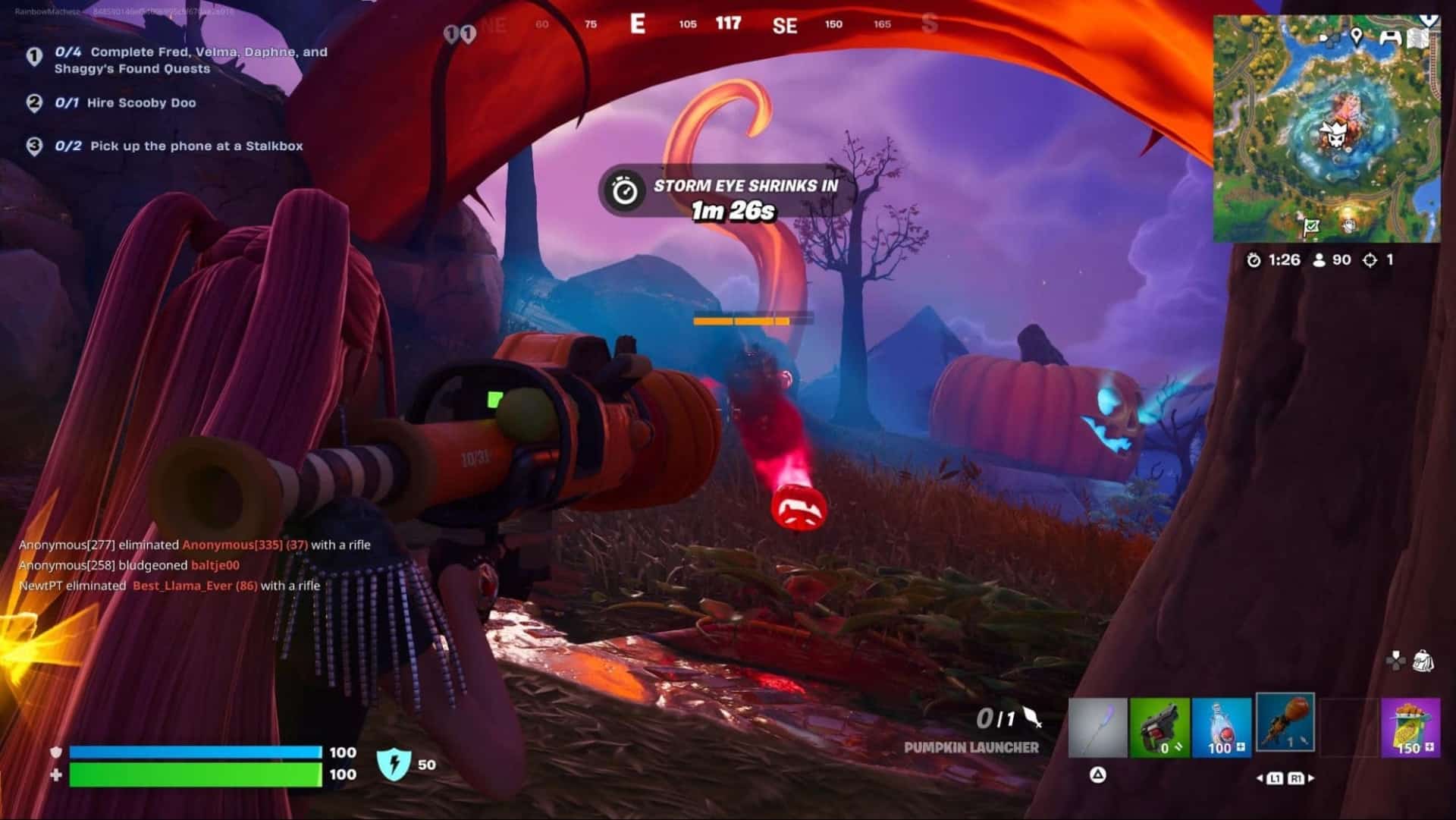 Fortnite game scene depicts a player aiming a pumpkin launcher