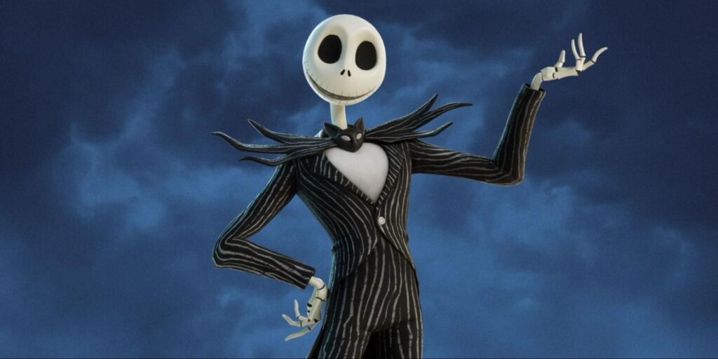 The Jack Skellington character from Fortnite wearing his black striped suit from The Nightmare Before Christmas