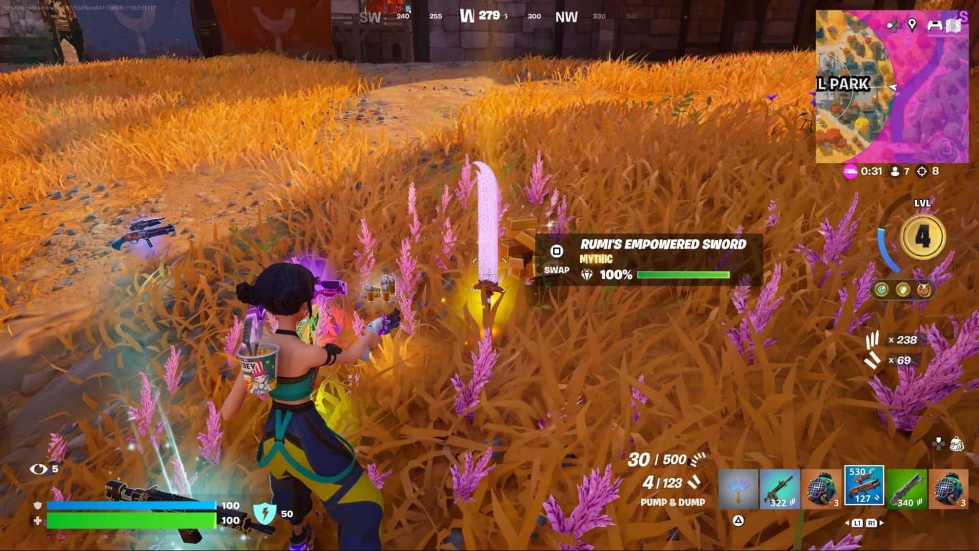 A character in a colorful outfit stands in vibrant orange and purple foliage, holding a glowing sword. Fortnite HUD displays health, map, and inventory