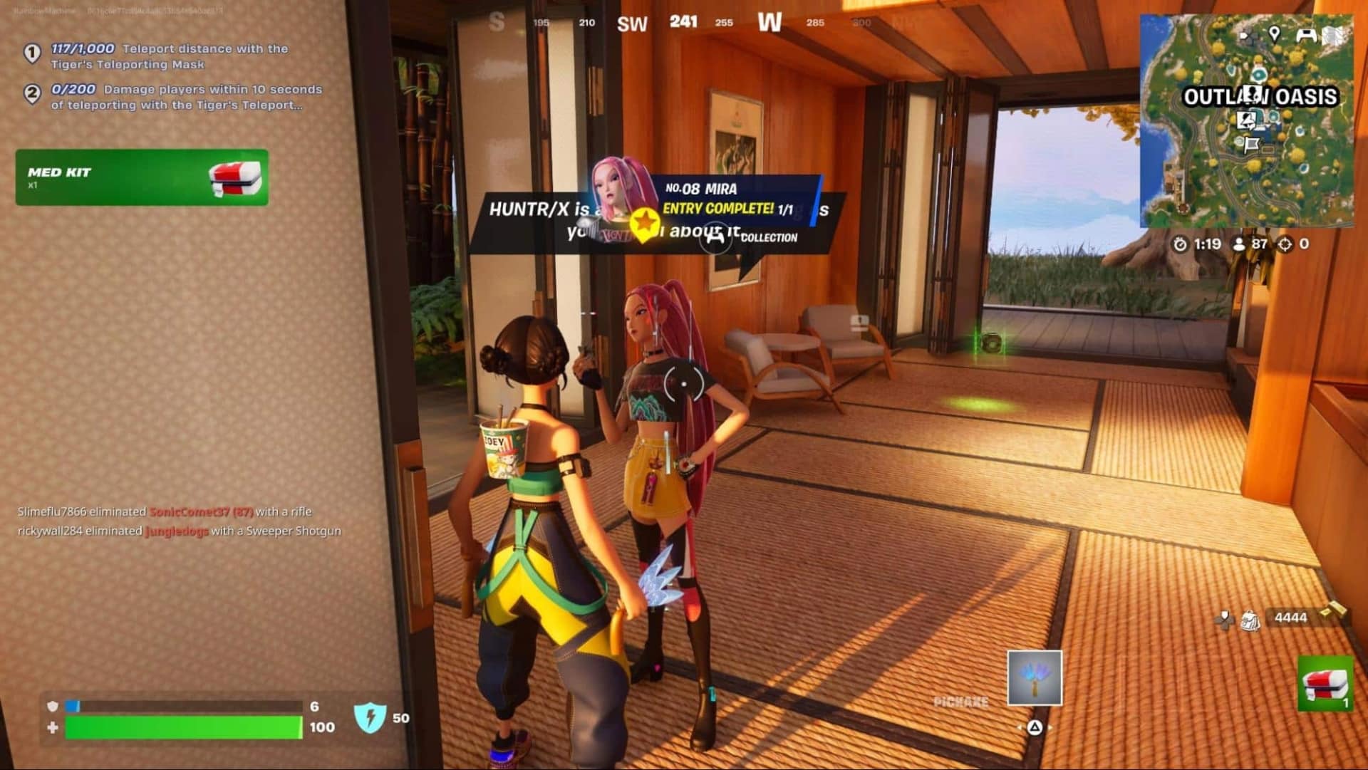 A Fortnite scene showing two characters in a modern wooden room