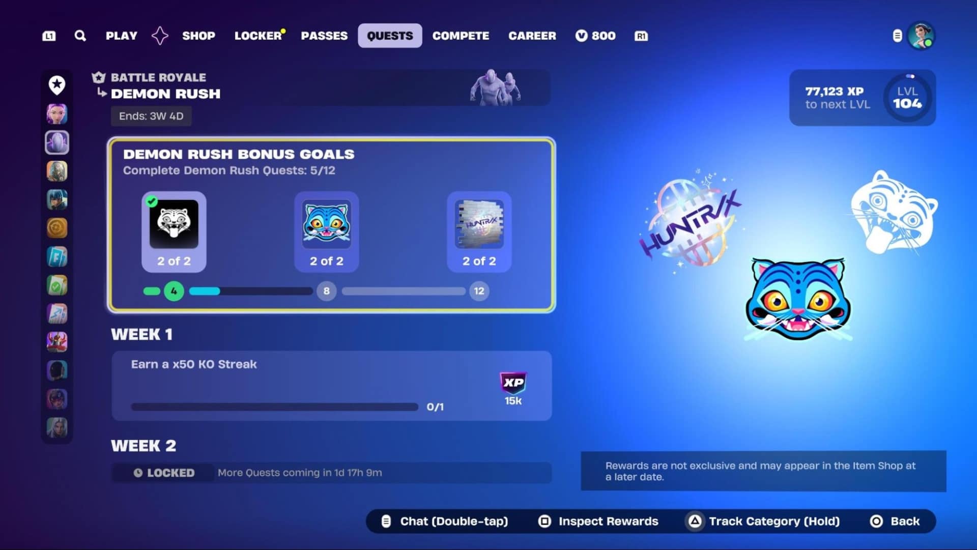 Fortnite screen showing 'Demon Rush' quests progress with colorful icons