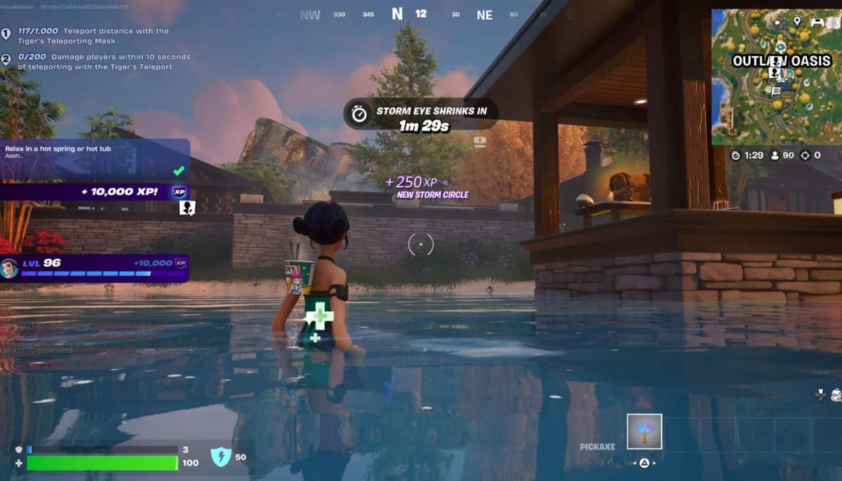 A character in colorful attire stands waist-deep in a serene hot spring in Fortnite