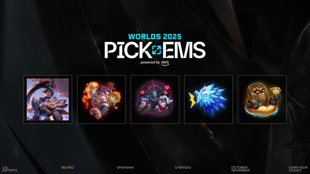 League of Legends Worlds 2025 Pick`Ems in-game reward line-up, including skins and emotes