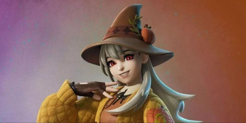 The Lexa Hexbringer skin from Fortnite dressed as an autumn witch with a pumpkin hat