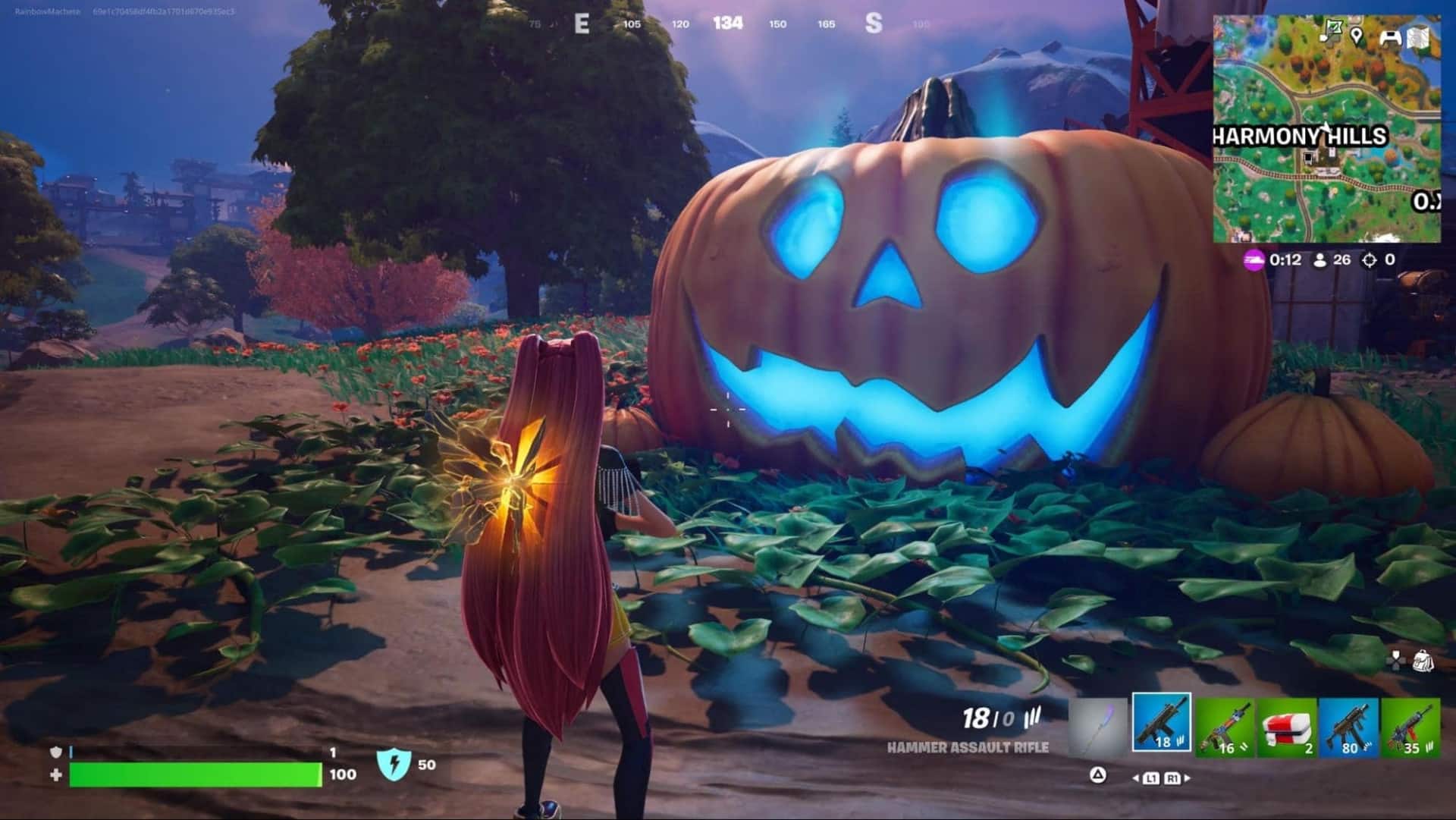 Fortnite character stands before a large glowing pumpkin with a carved face