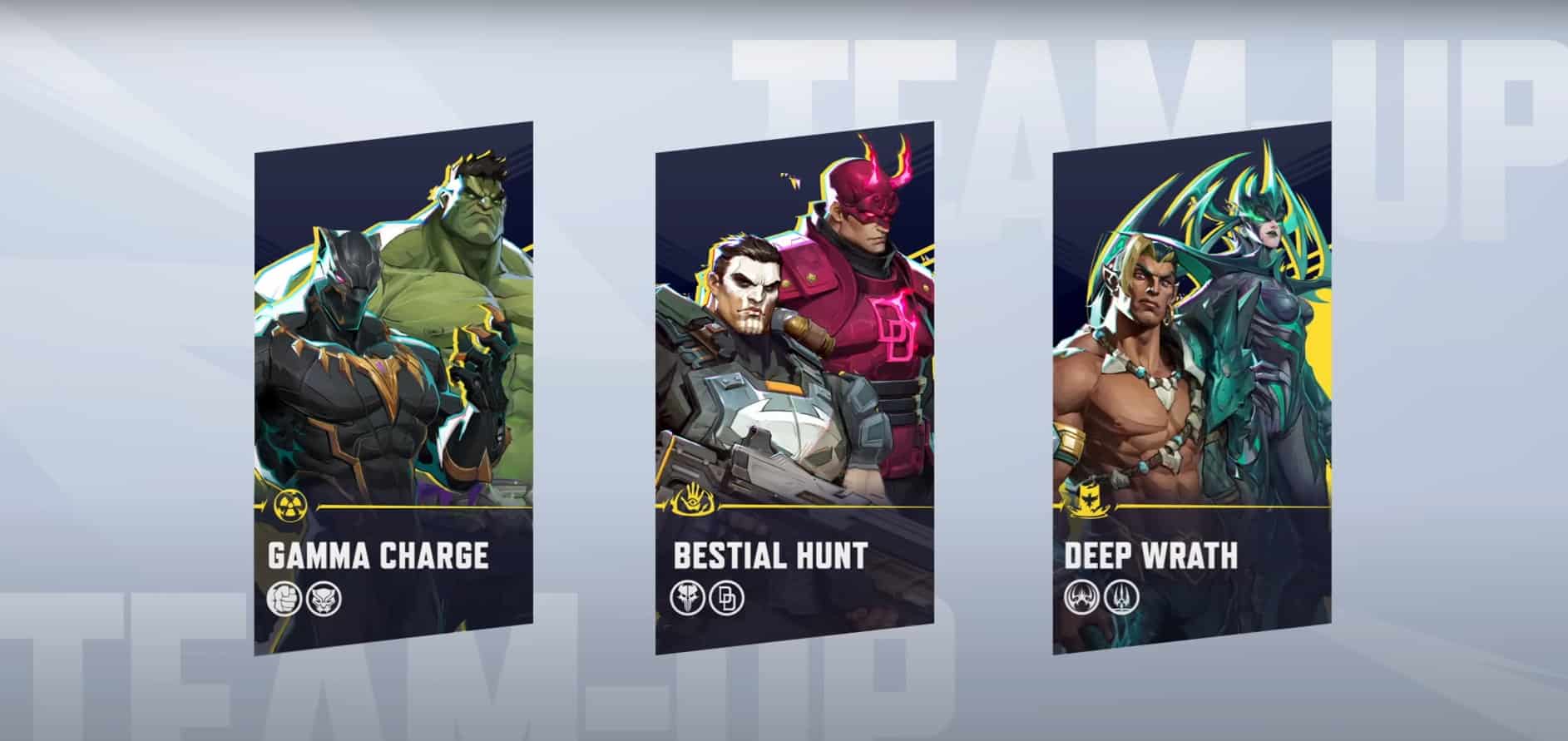 Three team-up cards are displayed, each featuring a pair of powerful characters in dynamic poses. The cards are labeled Gamma Charge, Bestial Hunt, and Deep Wrath from Marvel Rivals
