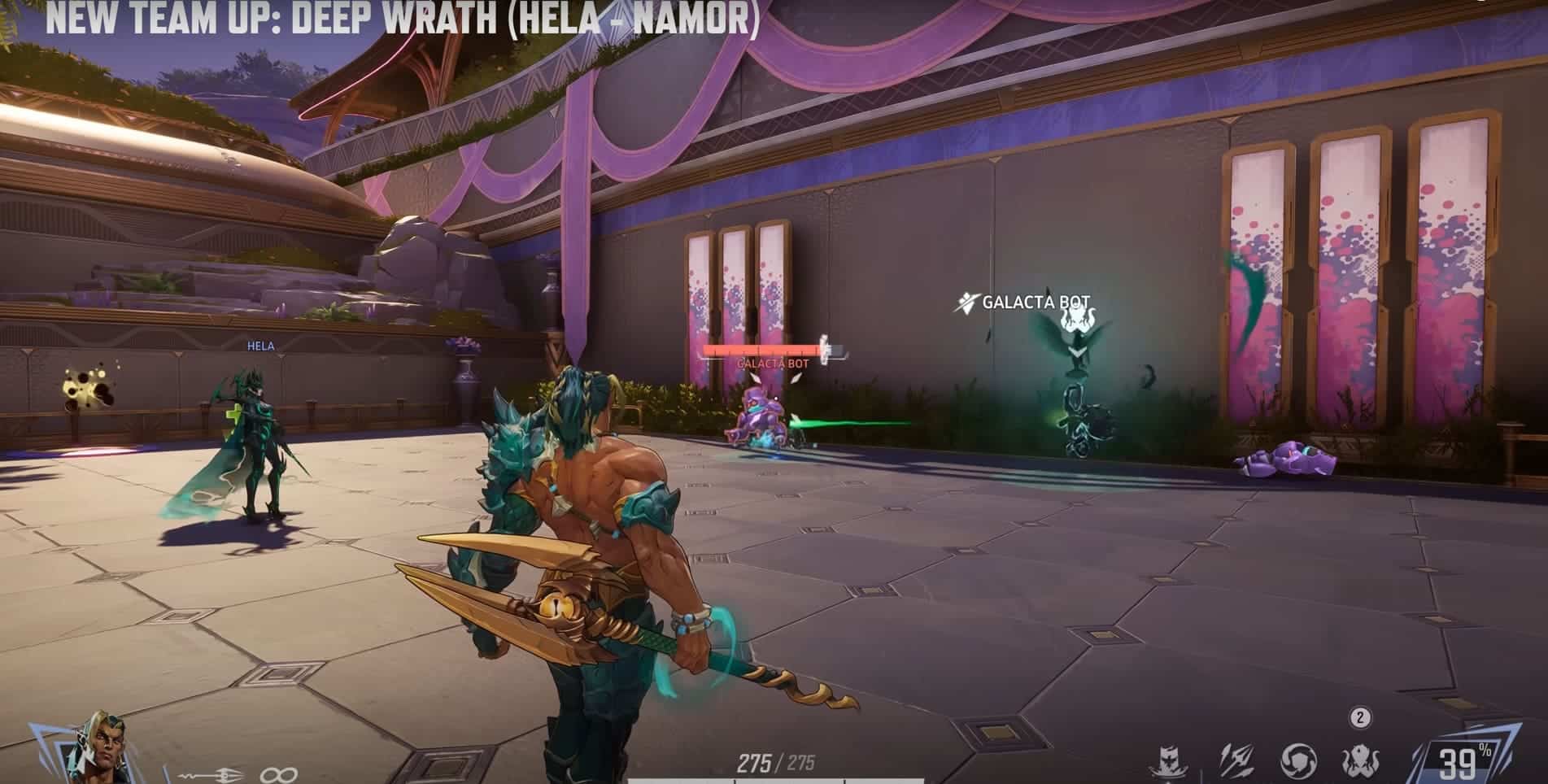 Marvel Rivals scene showing a muscular character with a trident facing a large, glowing, turquoise energy barrier