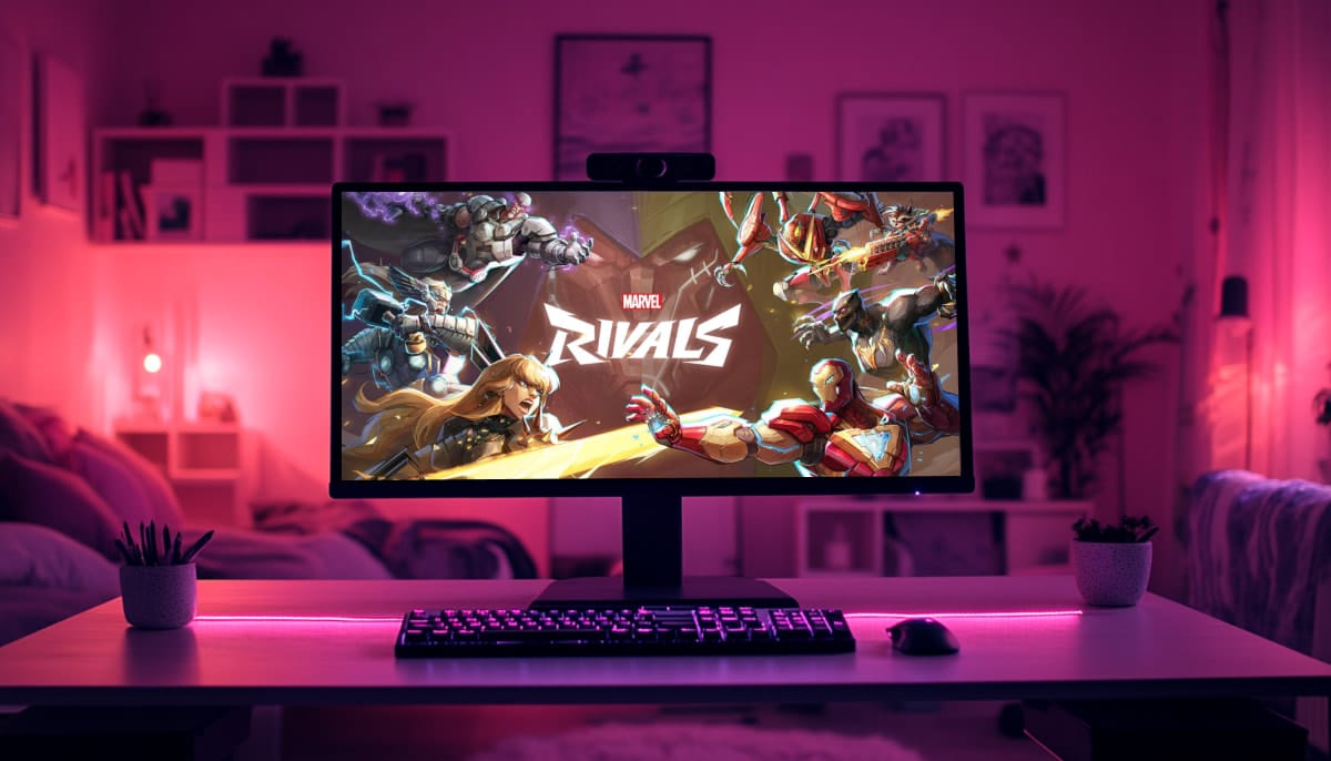 A gaming setup in a dimly lit room with pink ambient lighting. The monitor displays the game "Marvel Rivals" with various superheroes on screen