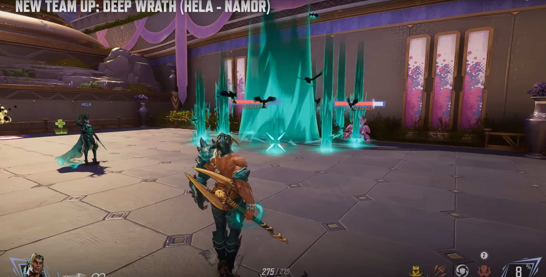 Marvel Rivals scene with a muscular character wielding a trident facing a glowing turquoise energy barrier