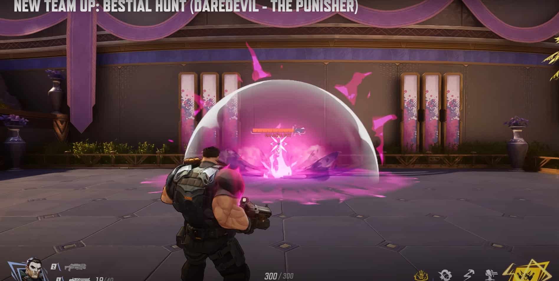 A muscular character from Marvel Rivals in tactical gear aims a gun at a glowing pink orb shield in a futuristic room