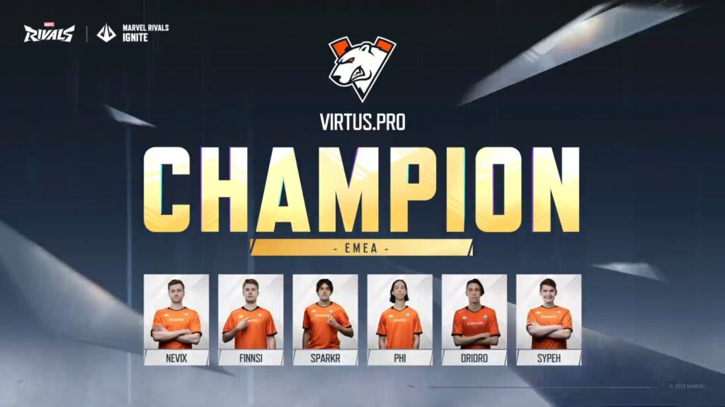 Marvel Rivals ignite Stage 2 EMEA Virtus.pro champion roster graphic