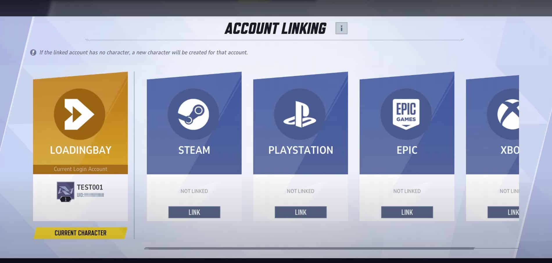 Account linking screen showing connected account 'Loadingbay' with username TEST001, and options to link Steam, PlayStation, Epic, and Xbox