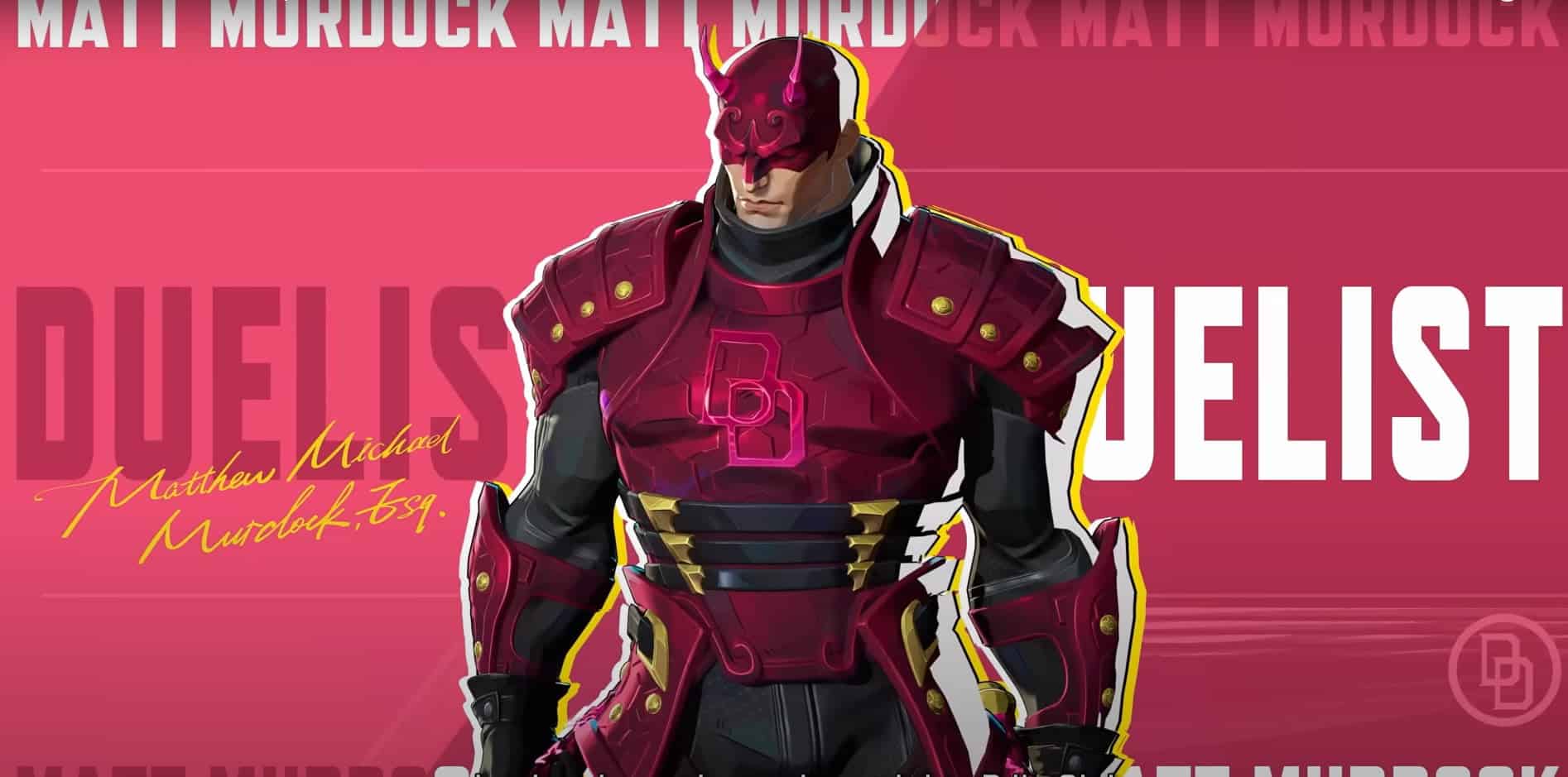 Daredevil from Marvel Rivals season 4.5 with helmet and glowing eyes stands confidently against a pink background