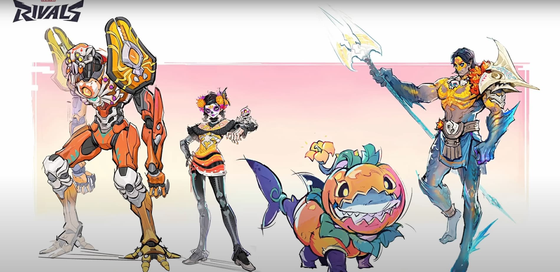 Stylized artwork of four Marvel Rivals characters