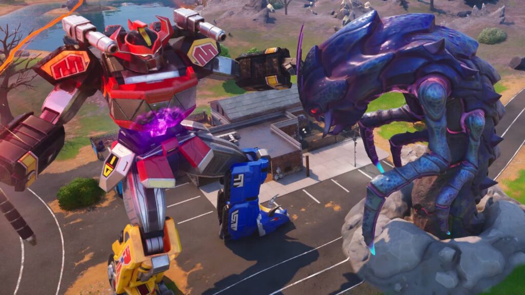 Fortnite game scene with robot and large, purple alien creature