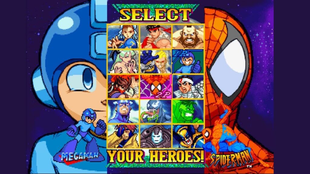 Prominent characters include Mega Man on the left and Spider-Man on the right, both displayed next to a grid of character portraits