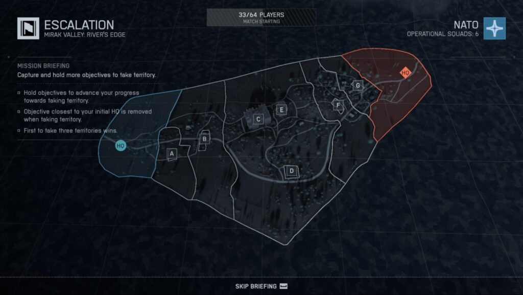 Escalation mode briefing showing the Mirak Valley: River’s Edge map in Battlefield 6