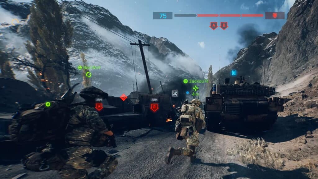 Squad advancing with a tank in a mountain valley battle in Battlefield 6