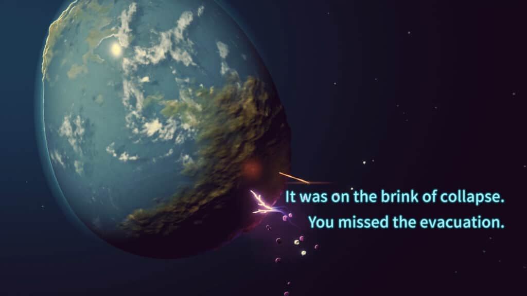 A planet partially in shadow, surrounded by space debris, shows signs of upheaval in Escape From Duckov