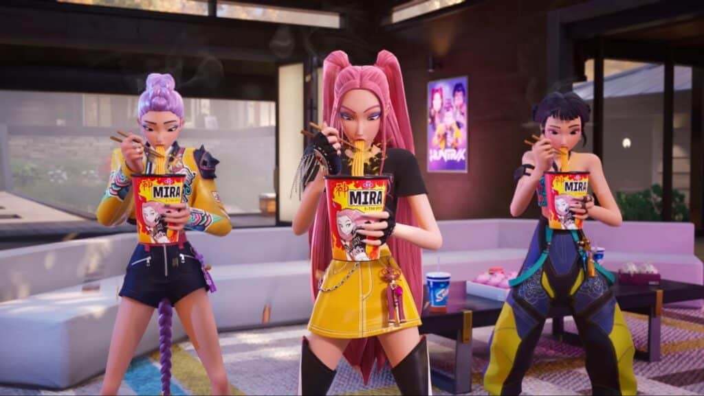 Rumi, Mira e Zoey che mangiano ramen insieme all'evento Fortnite K-Pop Demon Hunters