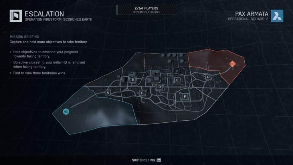 Escalation mode briefing showing the Operation Firestorm map layout in Battlefield 6