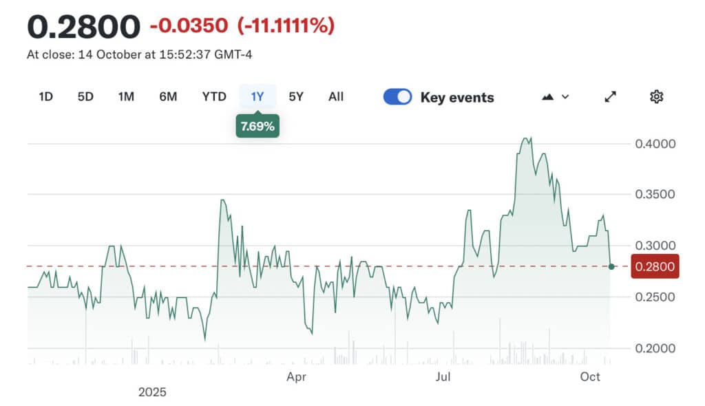 O gráfico mostra o desempenho da ação ao longo do ano. Terminando em 14 de outubro de 2025 Preço atual: 0,2800, queda de 11,11%, tendência mais alta em meados do ano. então diminuiu