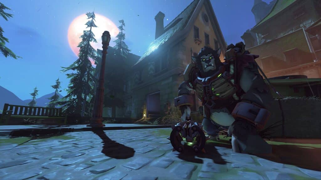 Overwatch 2 scene featuring a monster-themed Winston skin during the Halloween Terror event