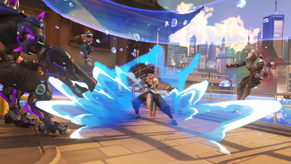 Wuyang menggunakan kemampuan pamungkasnya melawan Hazard, Lifeweaver dan Juno di Overwatch 2