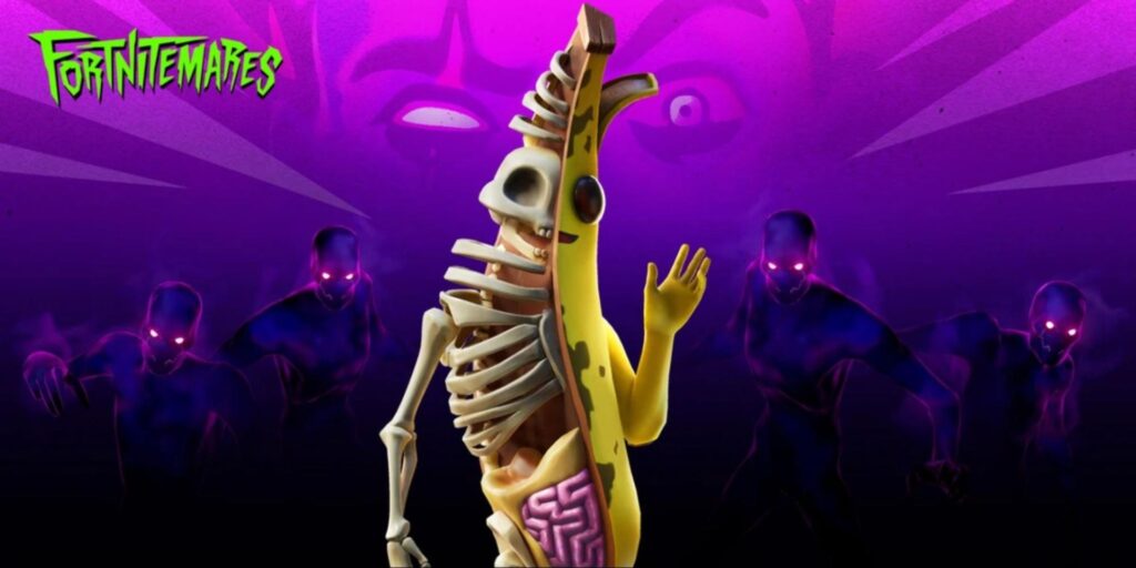 The Peely Bone skin from Fortnite showing a half-skeletal banana design with glowing purple background