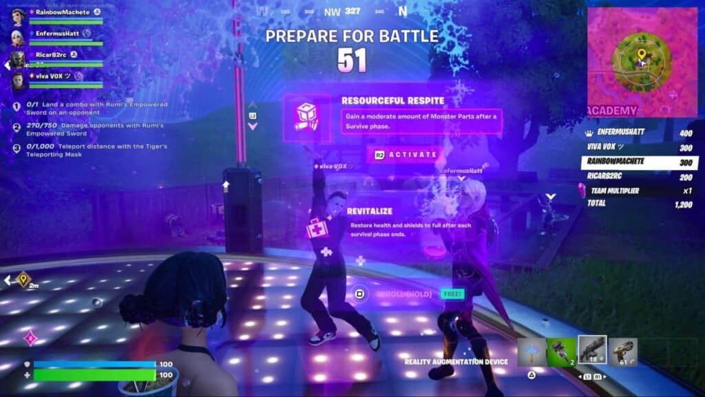 Giocatori che scelgono vantaggi tra le onde nella modalità di Rush Demon Fortnite