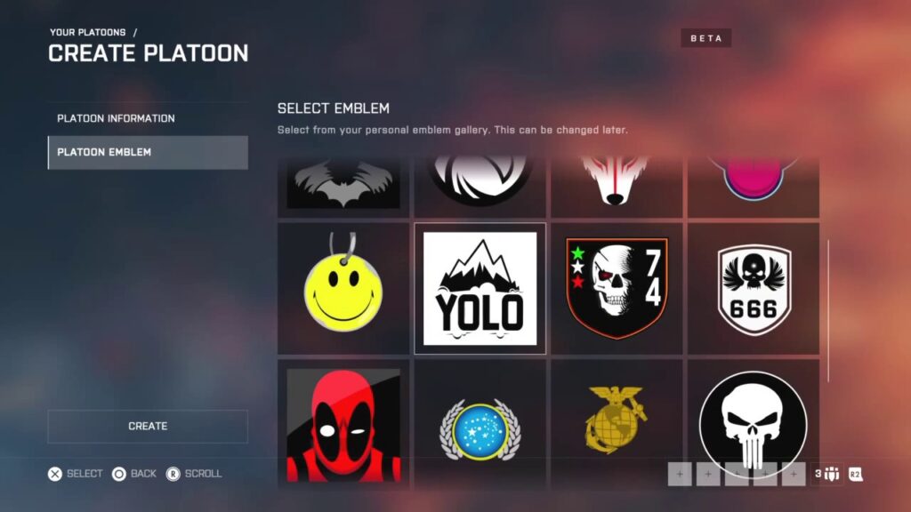 Battlefield 6 beta interface showing the Create Platoon menu with selectable emblems and customization options