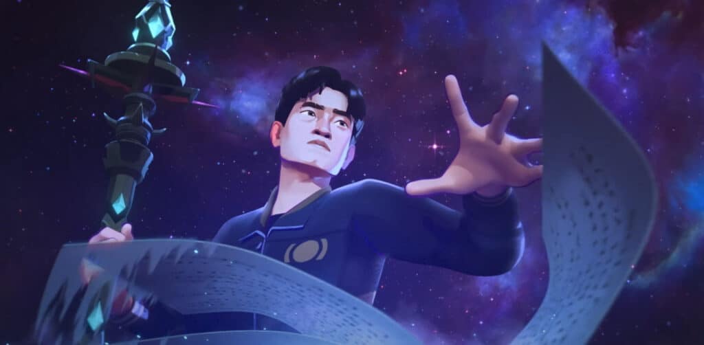 Animated figure in a cosmic setting holds a glowing staff and gestures with an outstretched hand
