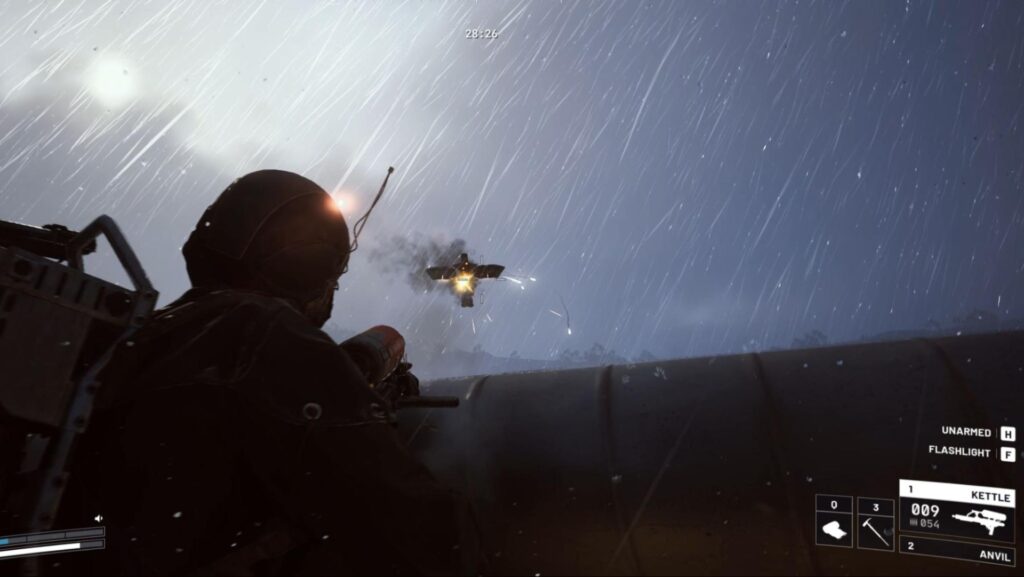 A soldier wearing tactical gear aims a weapon over a metal barrier in a rainstorm, looking at a distant, flying fiery object in Arc Raiders