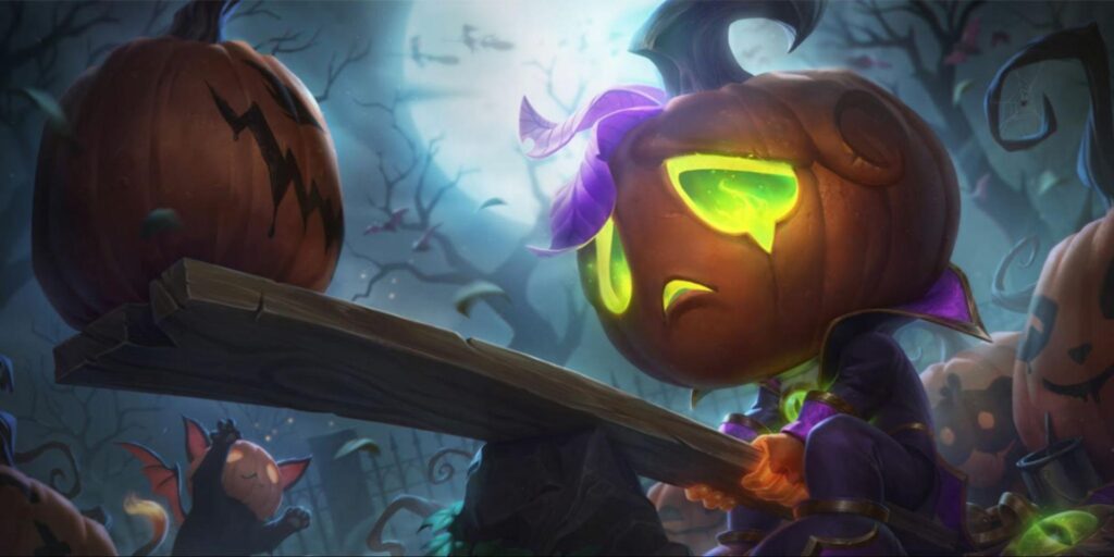 Pumpkin Prince Amumu sits on a seesaw in a spooky forest