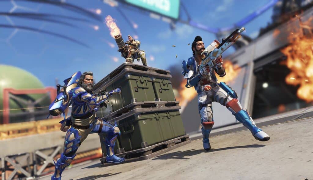 Three armored characters in a futuristic setting, posing for action in Apex Legends