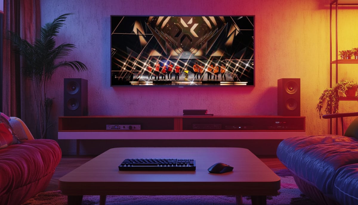 A cozy living room with a glowing TV screen displaying VALORANT Champions 2025