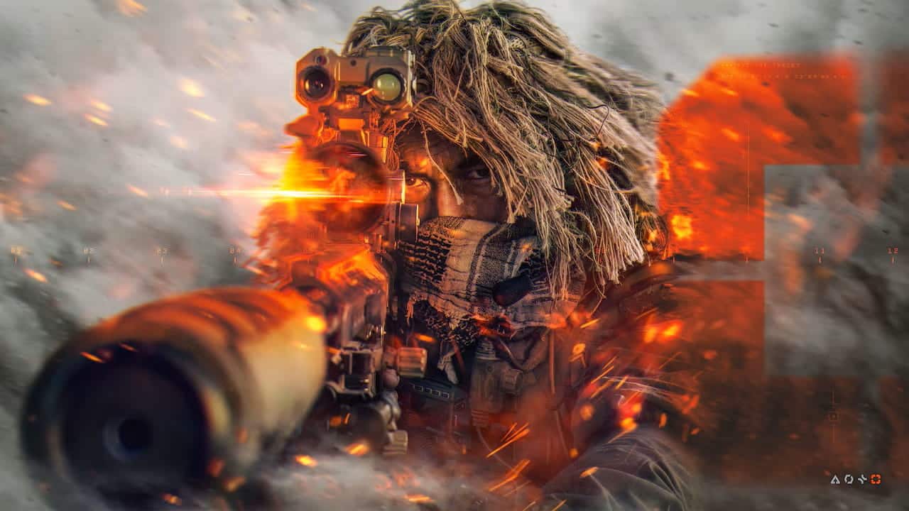 Um atirador camuflado mira através de uma mira em meio a fumaça e faíscas em Battlefield 6.