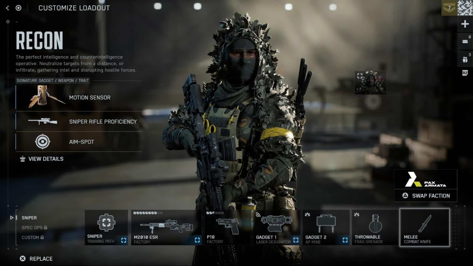 Tela do Battlefield 6 mostrando equipamentos personalizáveis para o personagem nomeado. "Reconhecimento"