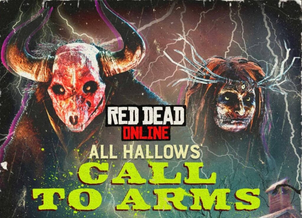 Red Dead Online All Hallows Call to Arms Halloween event poster featuring eerie masked characters