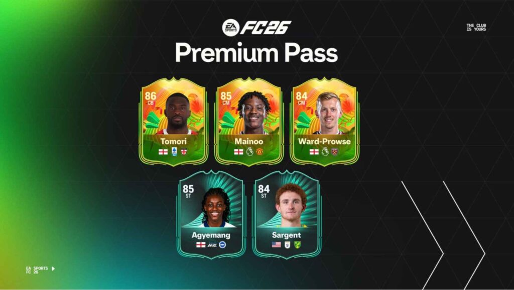 Premi di EA Sports FC 26 Ultimate Team Premium Pass con carte giocatori di alto livello come Tomori, Maineo, Ward-Prowse, Agyemang e Sargent.