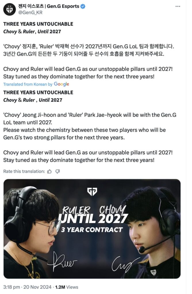 X post by Gen.G Esports announcing 'Chovy' and 'Ruler' renewing contracts until 2027