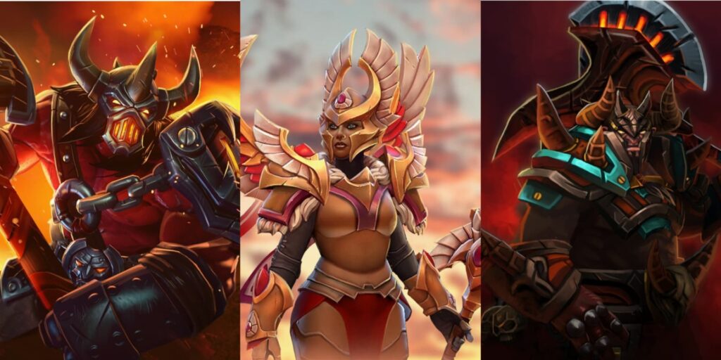 Três ferozes personagens blindados do Dota 2 em trajes de fantasia são apresentados lado a lado.